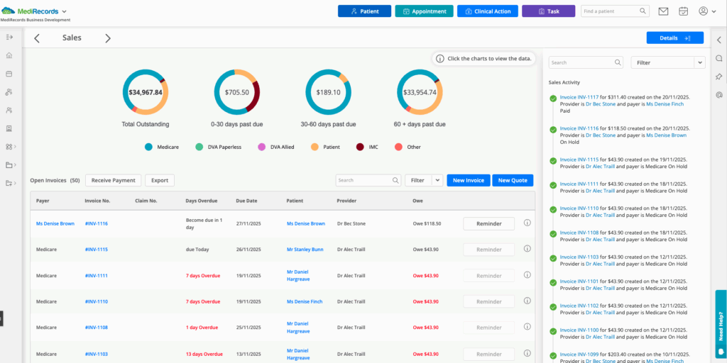 A screenshot of the Sales Audit screen within the MediRecords software.